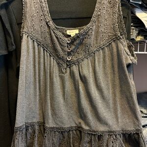 POL Charcoal Lace Button-Front Blouse